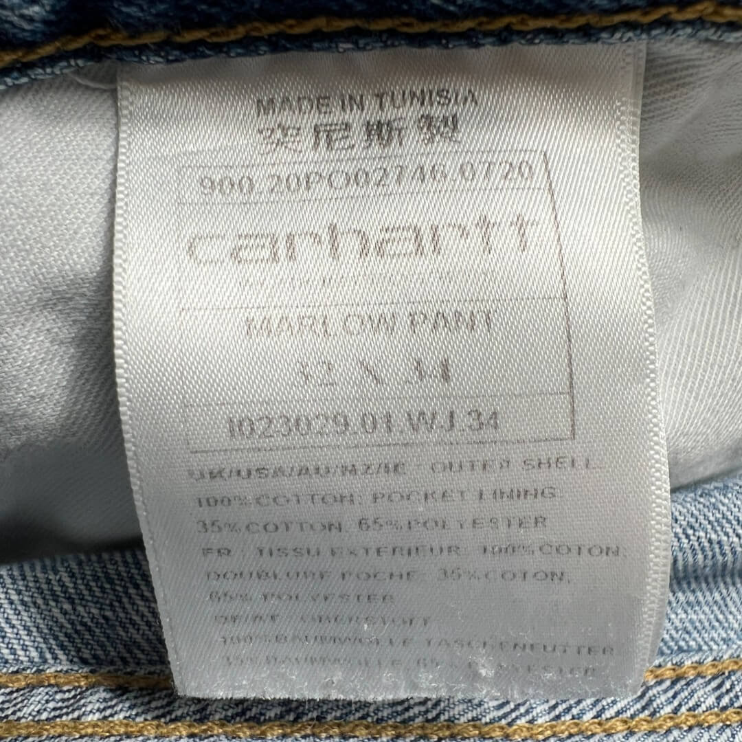 Jean carhartt Marlow Pant bleu vue de l'étiquette