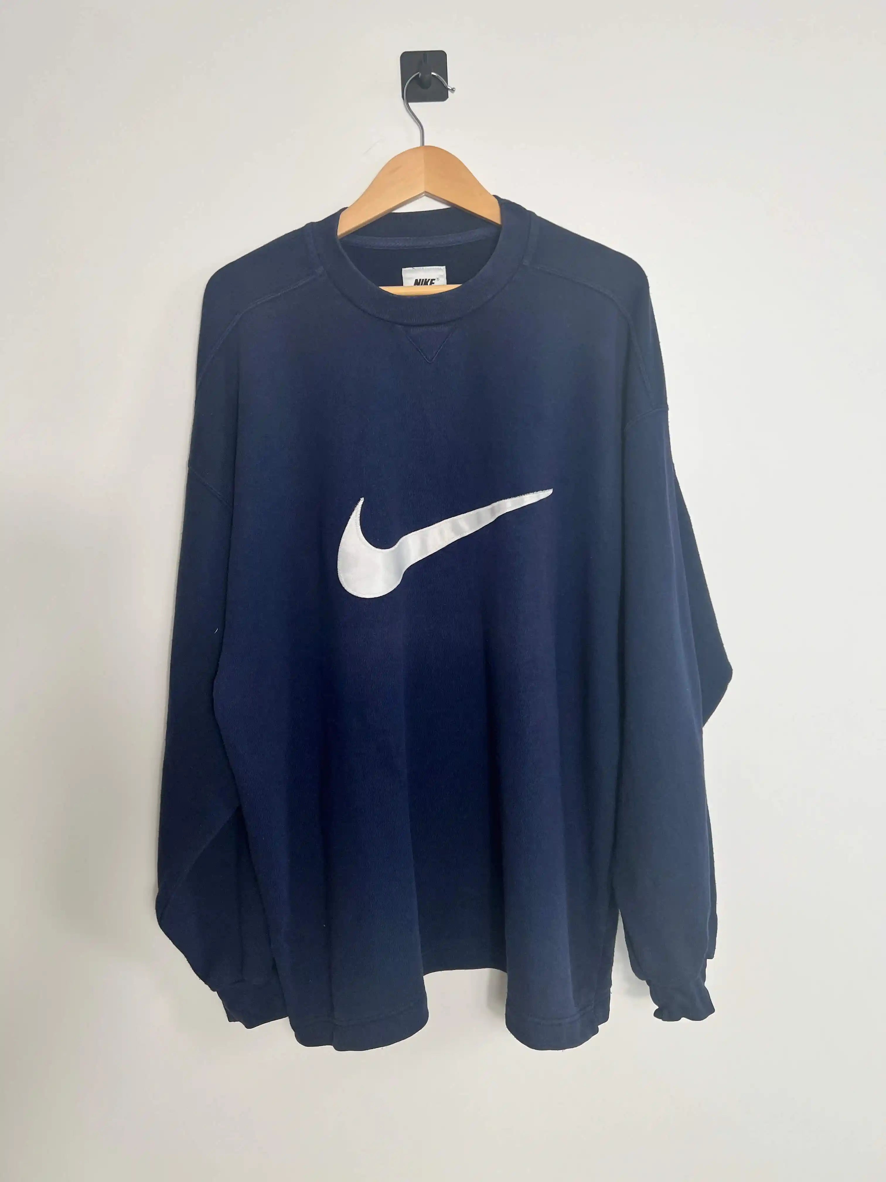 Nike Sweatshirt Vintage 90s Bleu Marine Big Logo Brodé (XL)