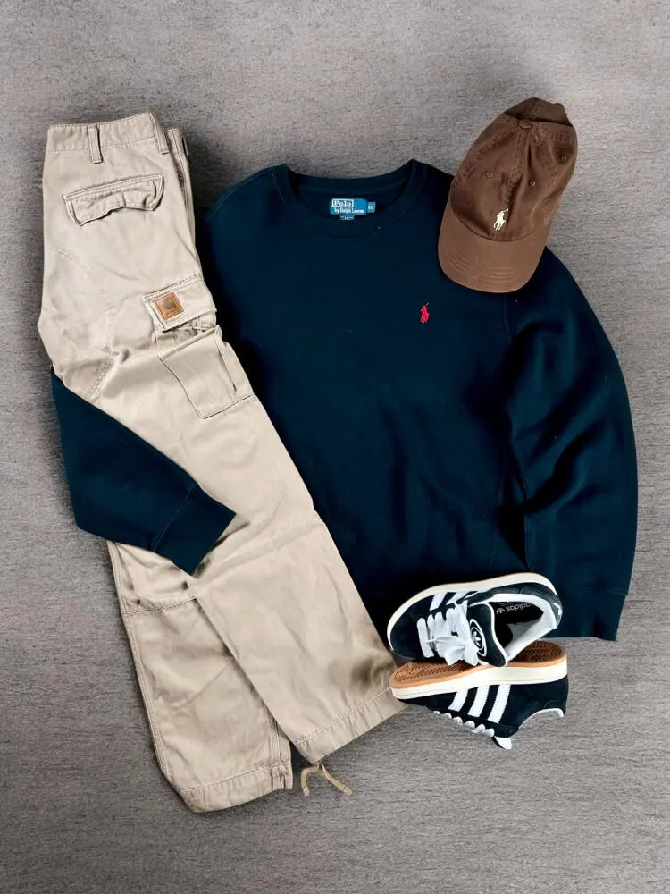 outfit sweatshirt ralph lauren noir et pant cargo carhartt