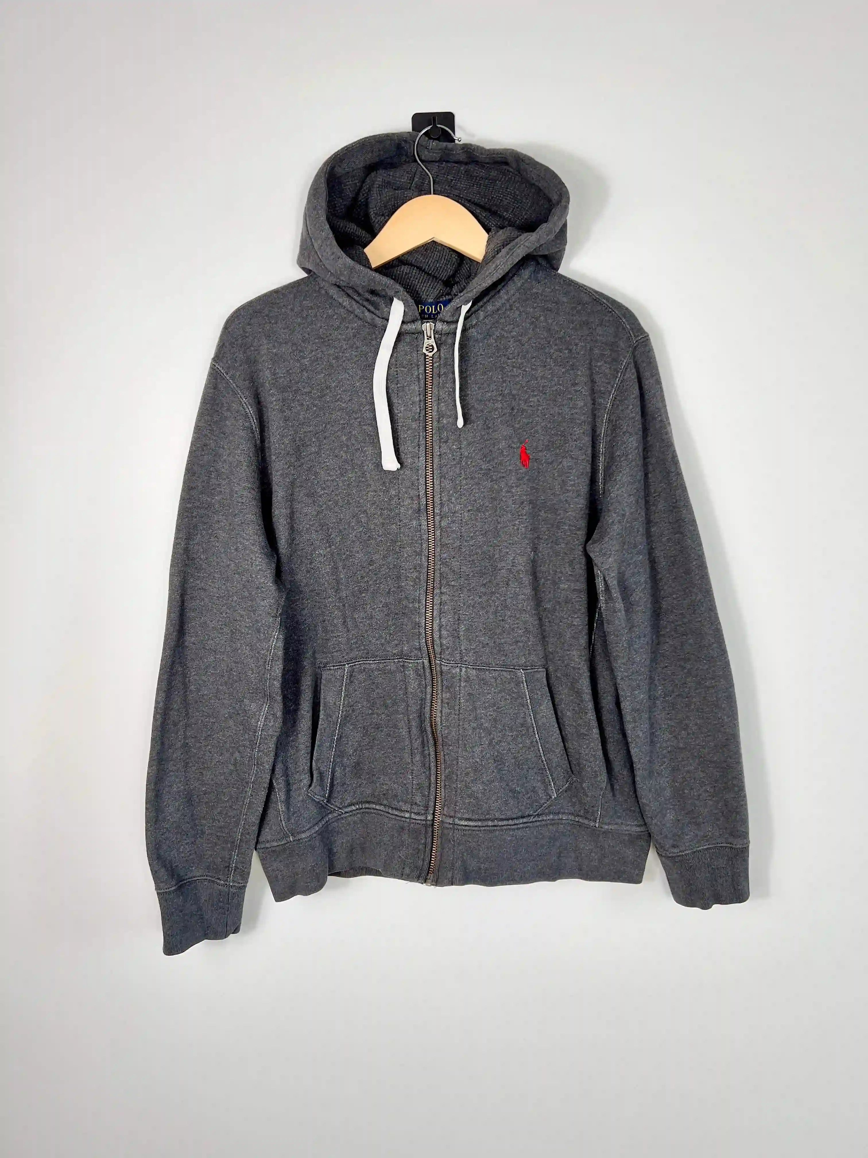 Ralph Lauren Zip Hoodie Gris Logo RL Rouge (S)