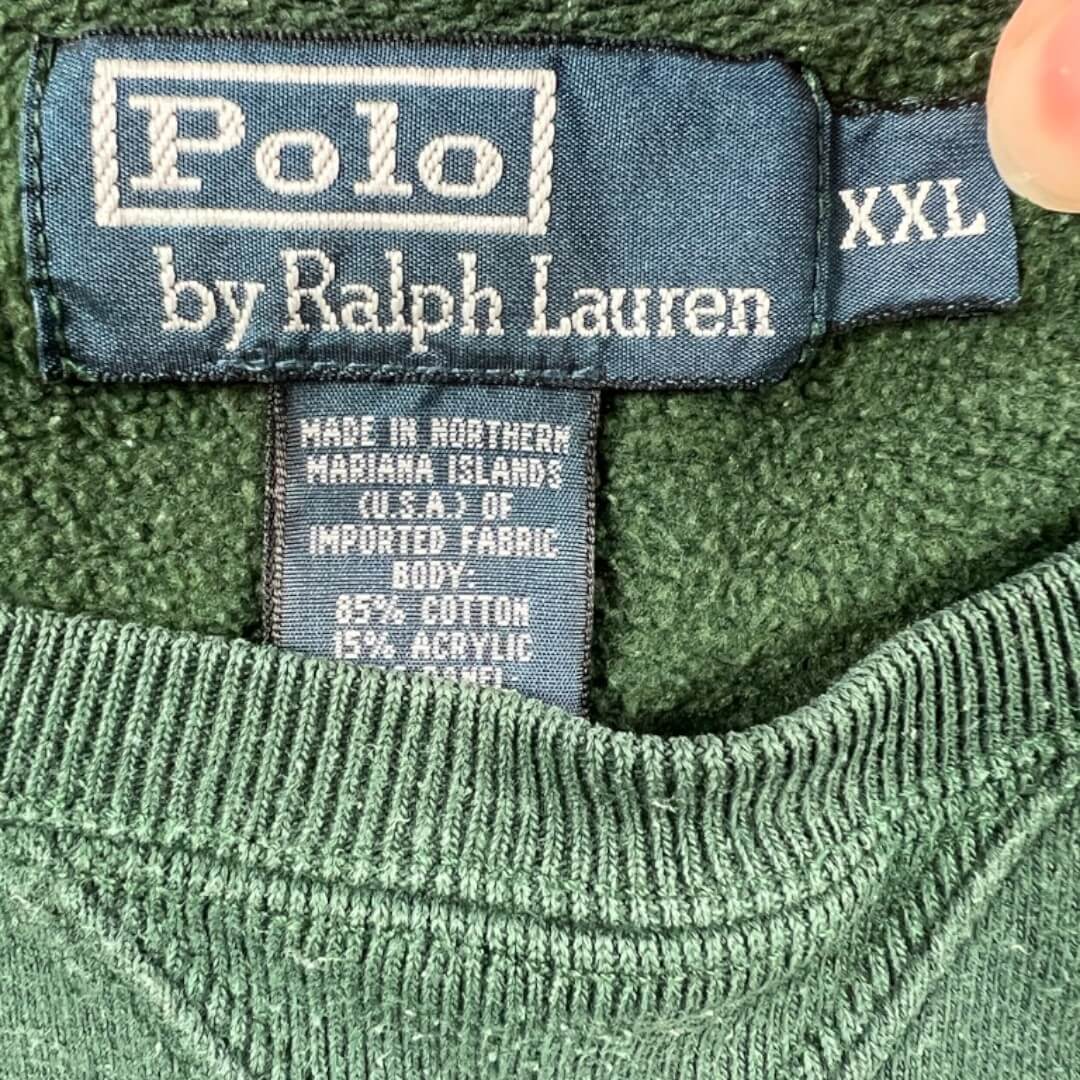 sweatshirt ralph lauren vert vintage des années 1990 vue de l'etiquette